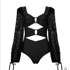 Flaxmaker Cutout Netted Lantern Long Sleeve Black One Piece